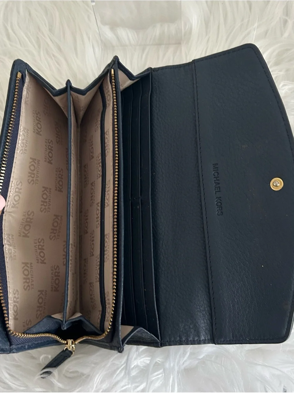 Michael Kors Navy Pebbled Leather Continental Wallet Zip Around Clutch Gold Logo